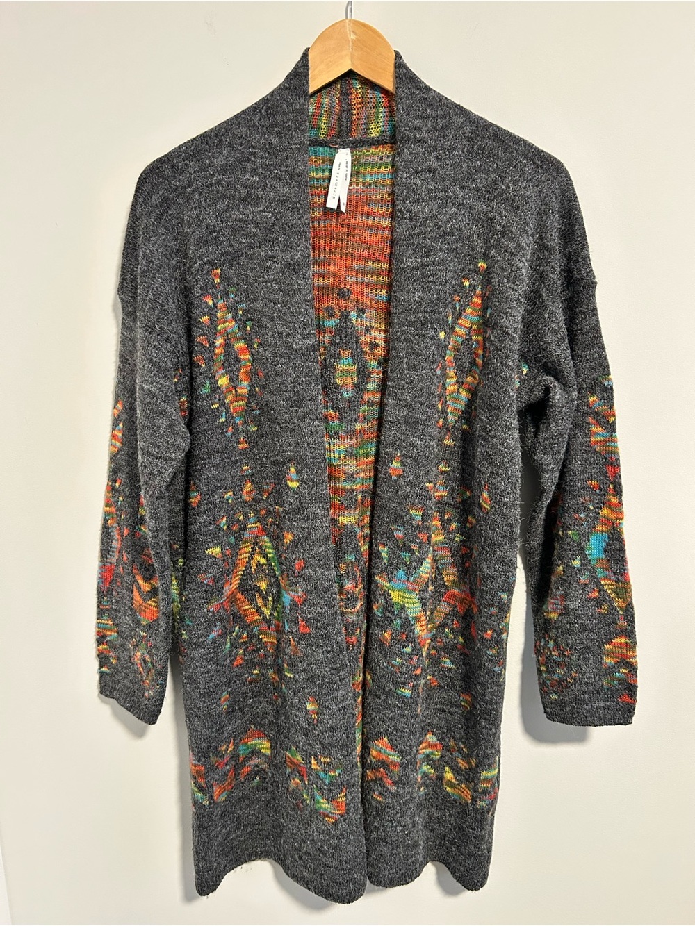 Dreamers by Debut Boho Aztec Open Front Cardigan Grey Multicolor Size Medium